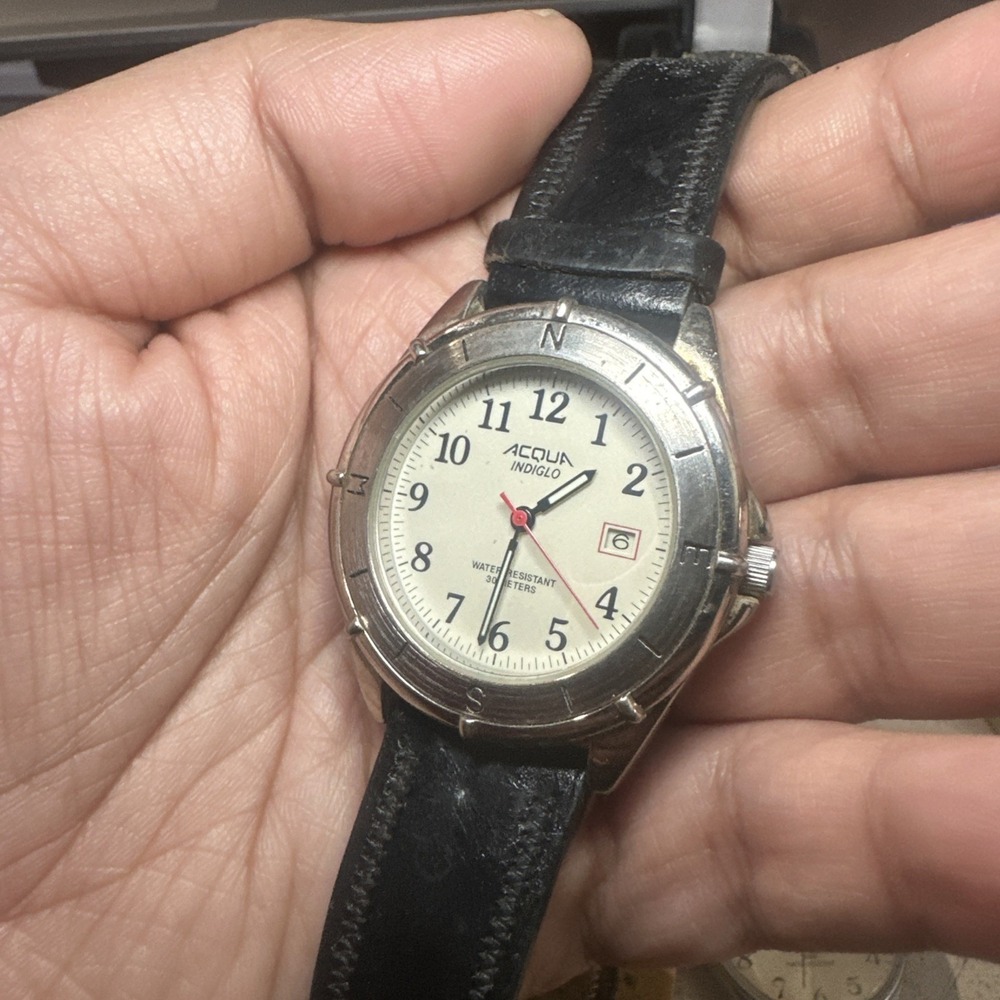 Working ACQUA Indiglo Mens‎ watch New Battery Arrow Glow In Dark Date Black 40mm